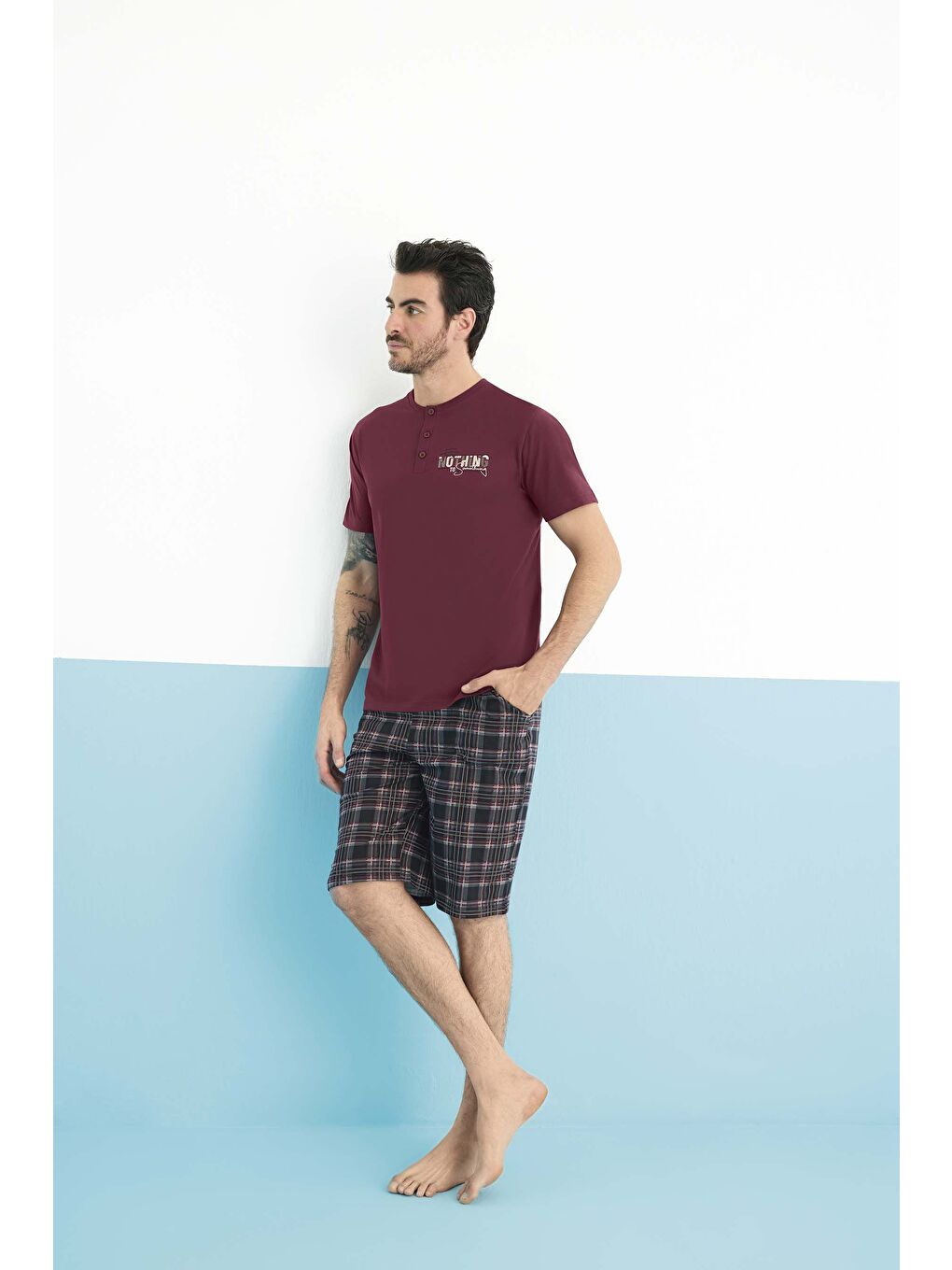Bordo Erkek Penye Kısa Kol %100 Pamuk Şortlu Pijama Takımı