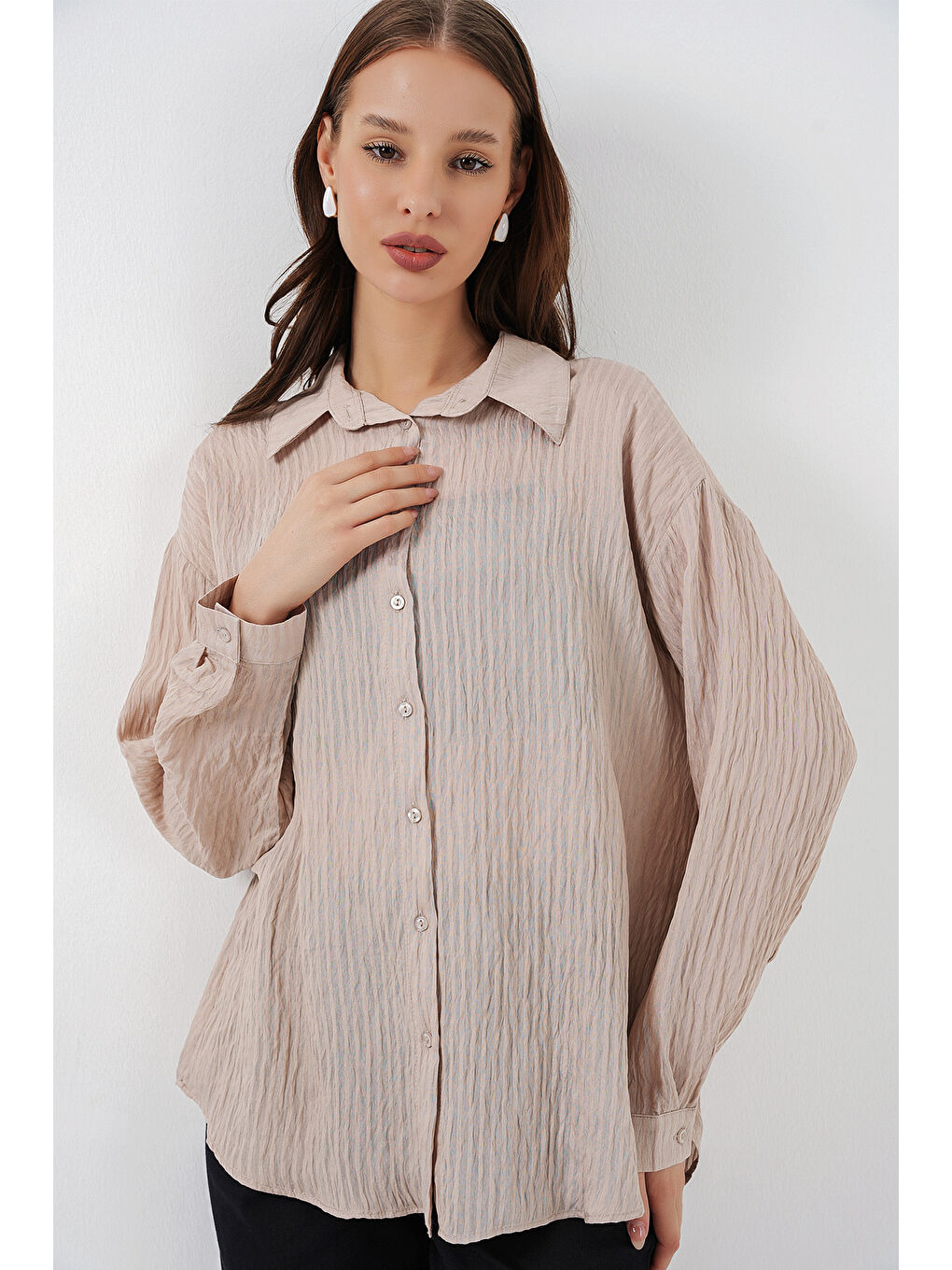 Kadın Uzun Oversize Gömlek 20320 - Bej-2