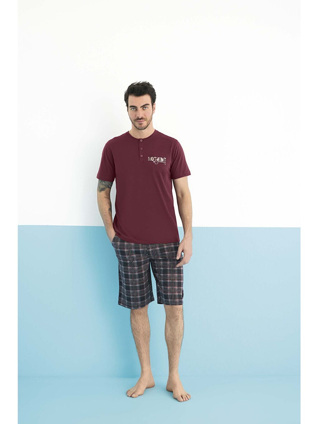 Bordo Erkek Penye Kısa Kol %100 Pamuk Şortlu Pijama Takımı-1
