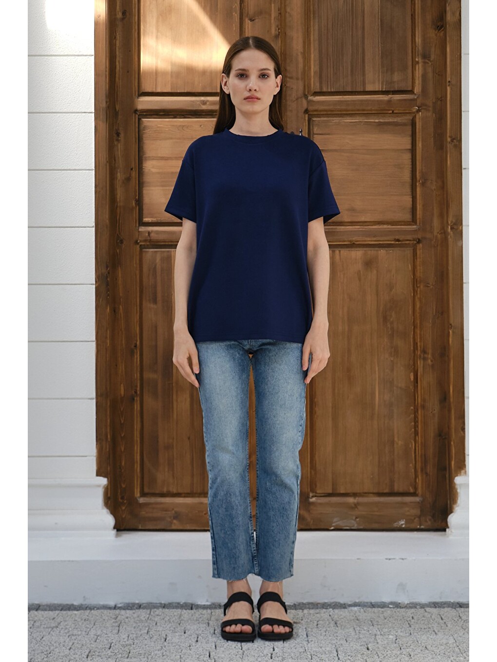 Lacivert Kadın Modal Kumaş Basic Oversize Tişört Bisiklet Yaka Günlük Salaş Tişört-5
