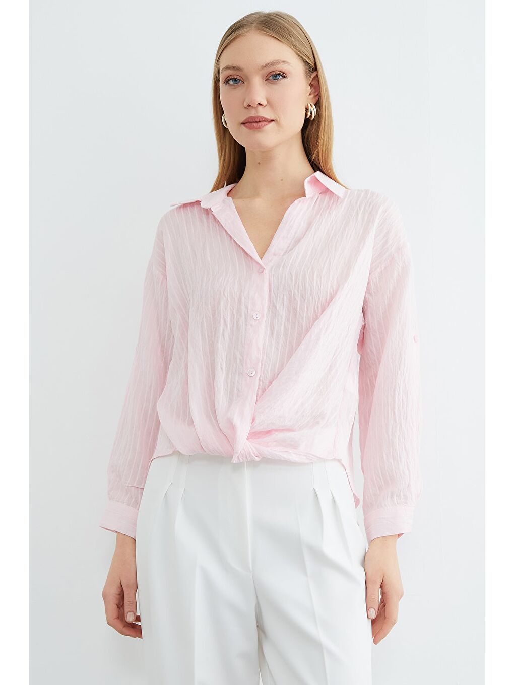 Pembe Çizgili Önü Düğümlü Gömlek-1