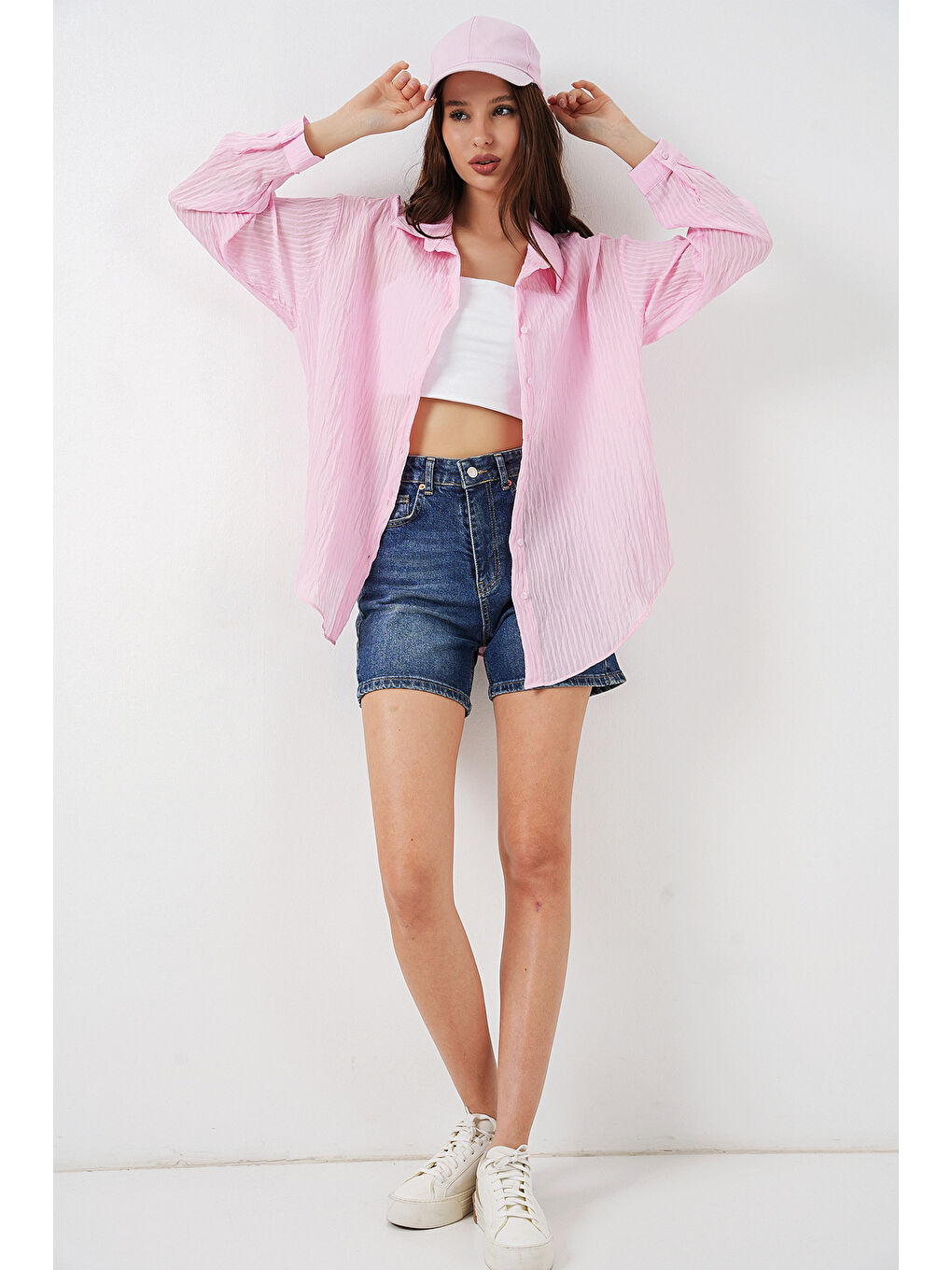 Pembe Kadın Uzun Oversize Gömlek 20320 - Pudra-1