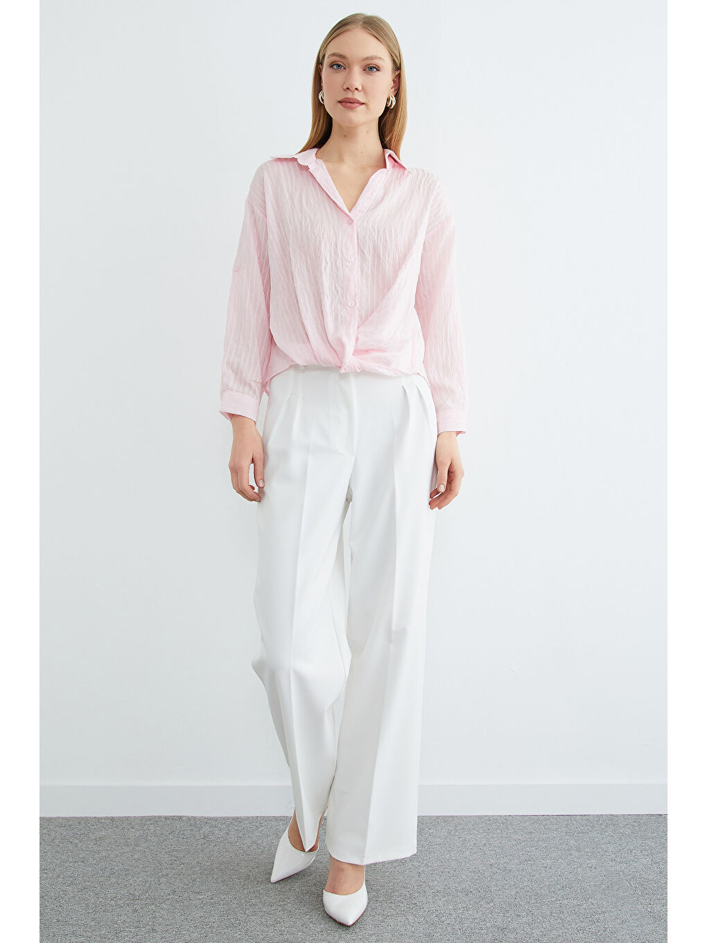 Pembe Çizgili Önü Düğümlü Gömlek-2