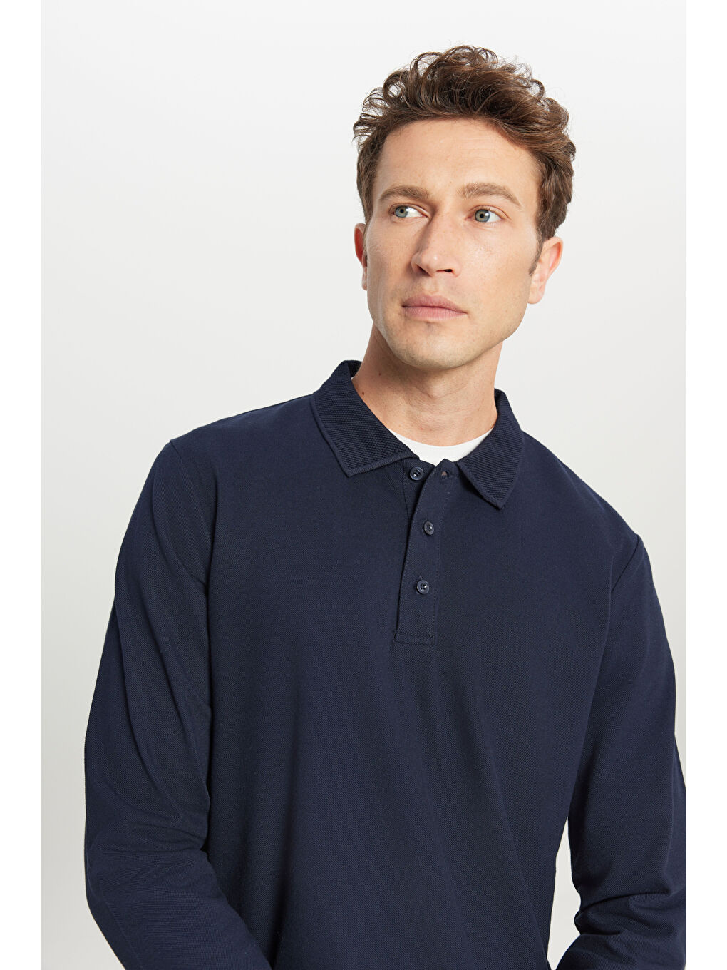 Erkek Lacivert %100 Pamuk Standart Fit Normal Kesim Polo Yaka Sweatshirt-3