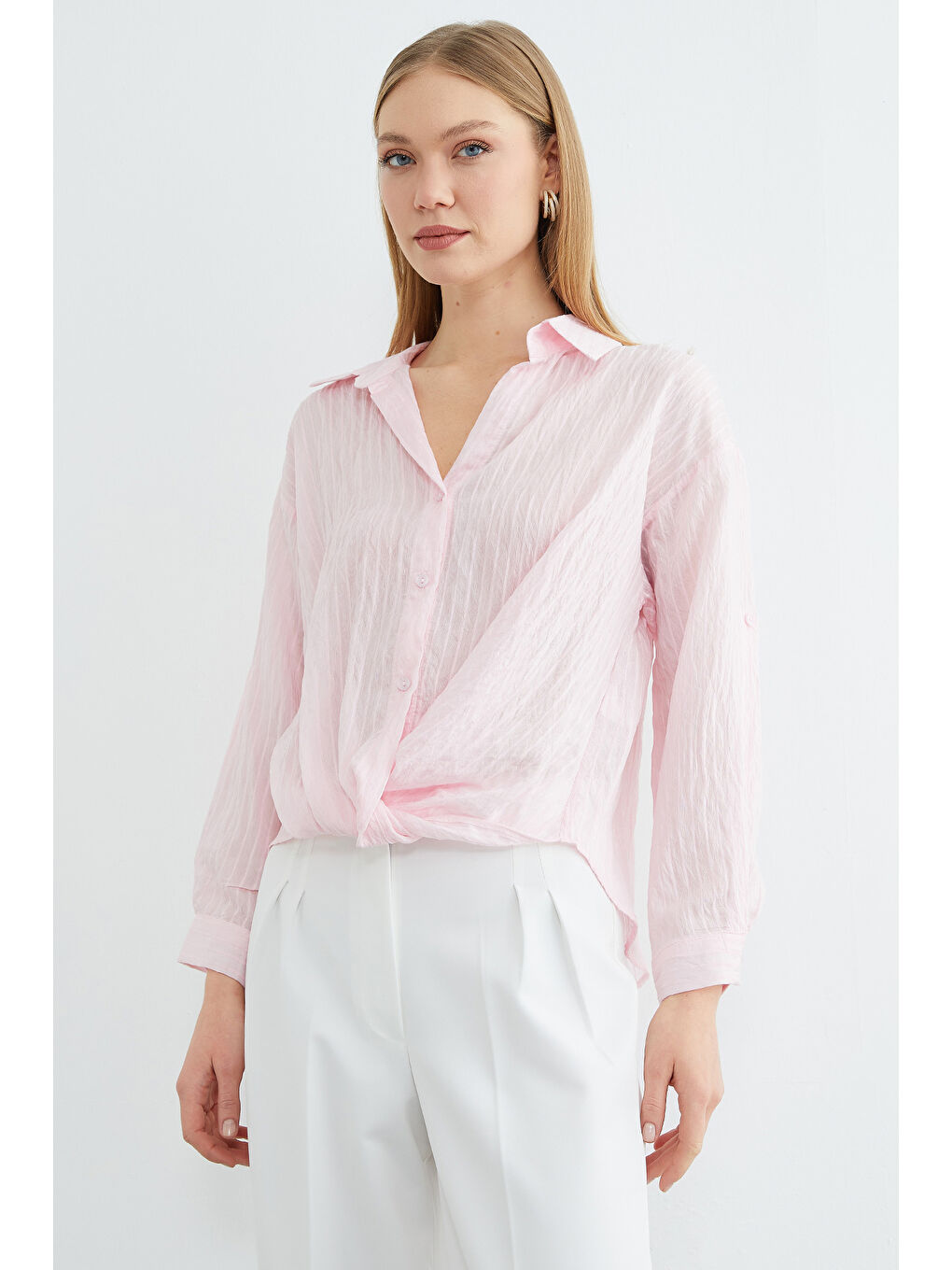 Pembe Çizgili Önü Düğümlü Gömlek-3