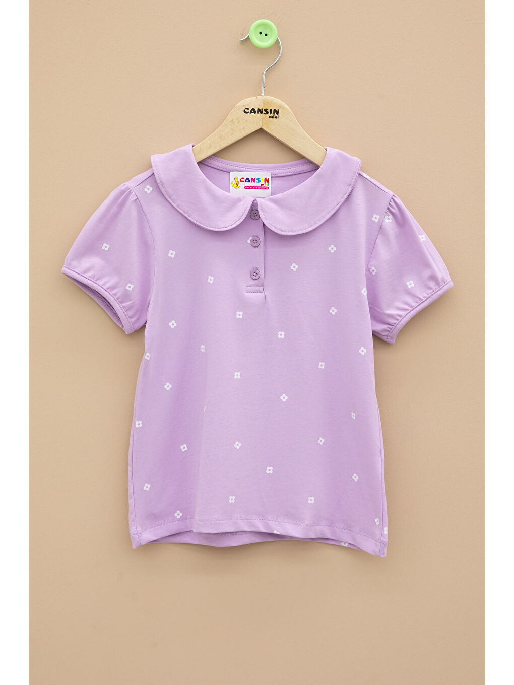 Lila Çiçek Desenli Düğmeli Yaka Kız Çocuk Tişört 20989