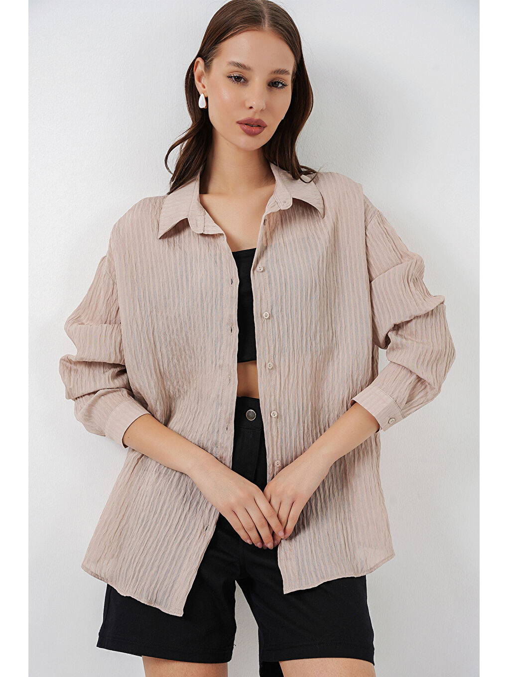 Kadın Uzun Oversize Gömlek 20320 - Bej-3