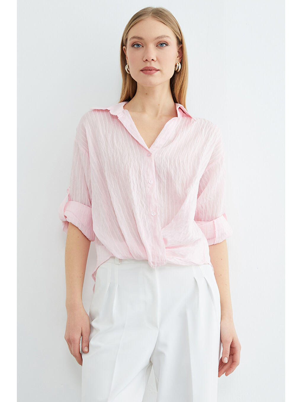 Pembe Çizgili Önü Düğümlü Gömlek-4