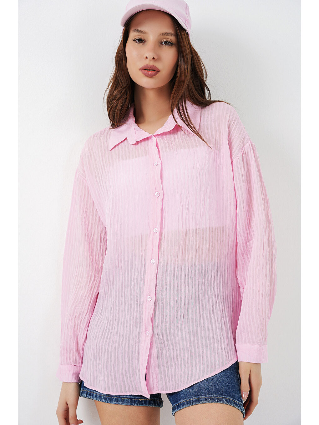 Pembe Kadın Uzun Oversize Gömlek 20320 - Pudra-2