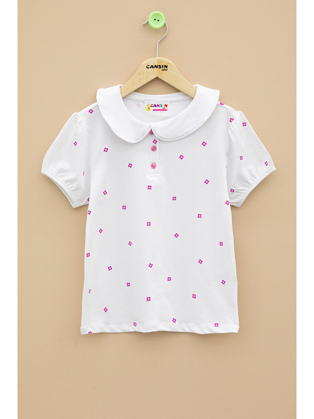 Ekru Çiçek Desenli Düğmeli Yaka Kız Çocuk Tişört 20987