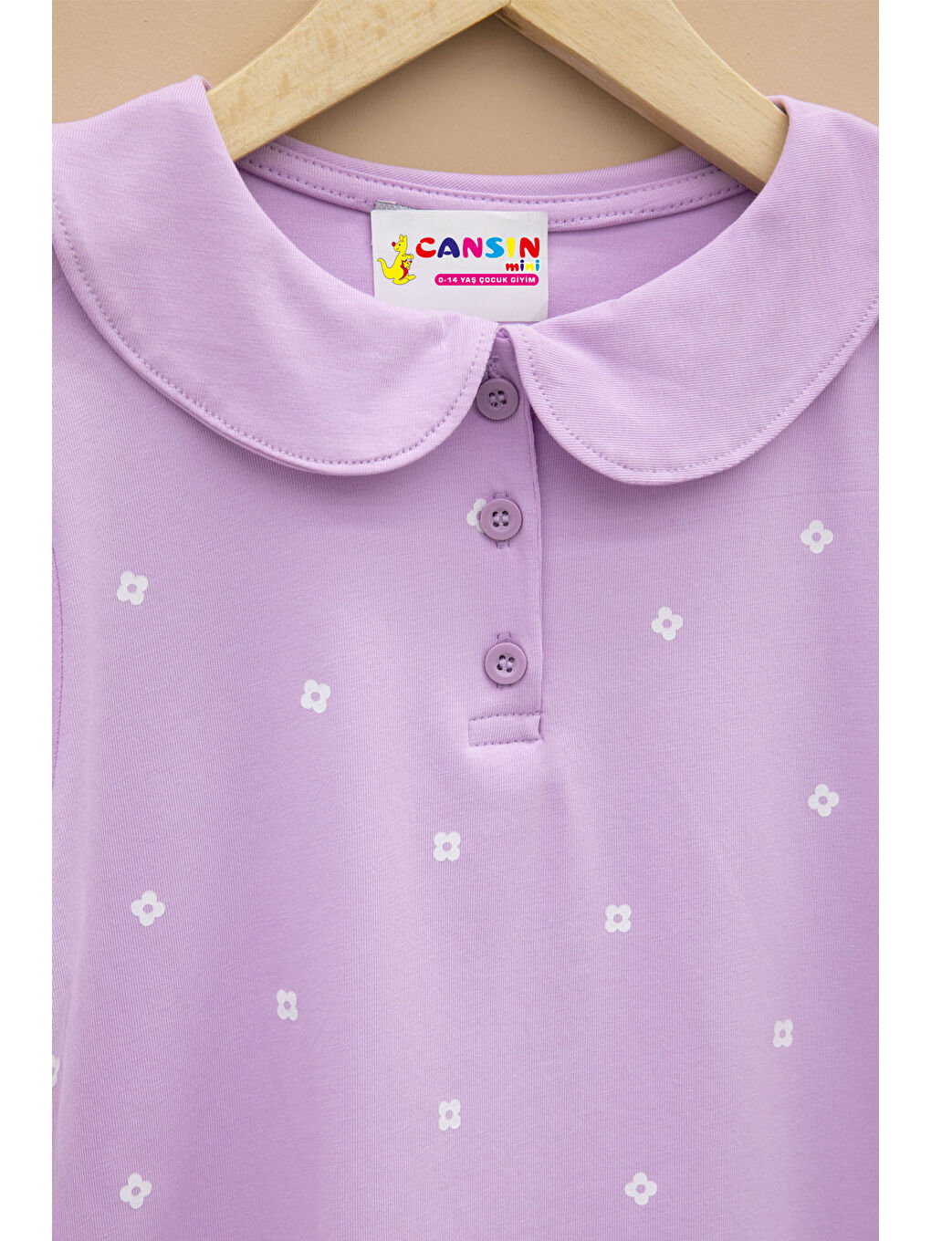 Lila Çiçek Desenli Düğmeli Yaka Kız Çocuk Tişört 20989-1