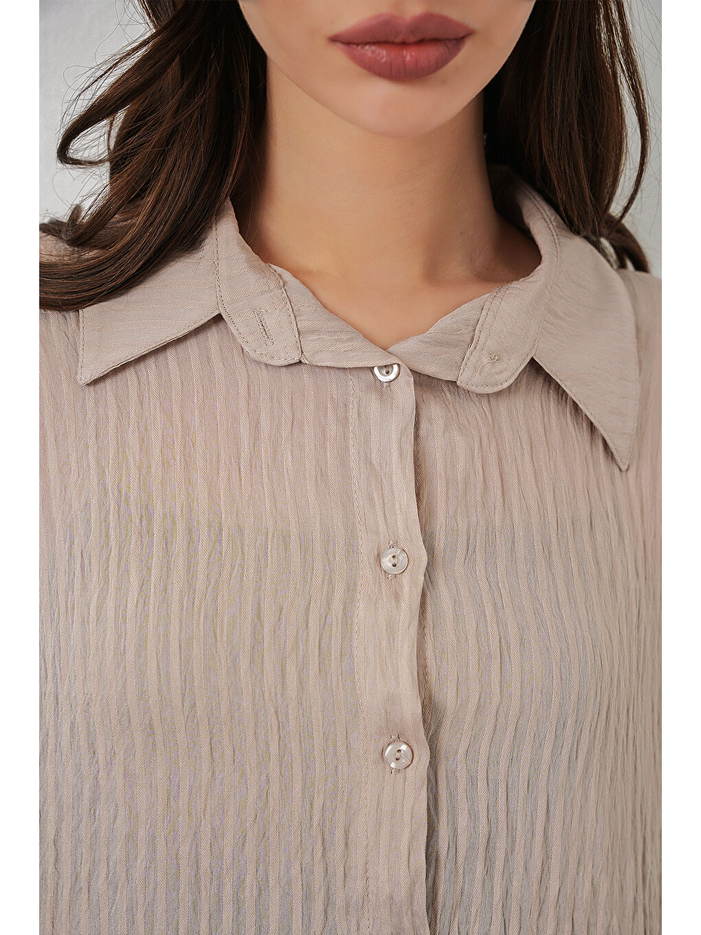 Kadın Uzun Oversize Gömlek 20320 - Bej-4