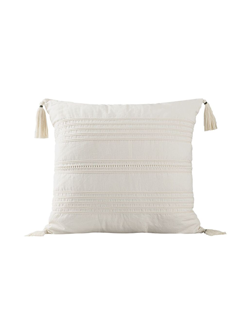 Ekru Buldan Dokuma Bohem Tasarım  100 Pamuklu Köşe Saçaklı 45x45cm Kırlent Kılıfı Krem-2