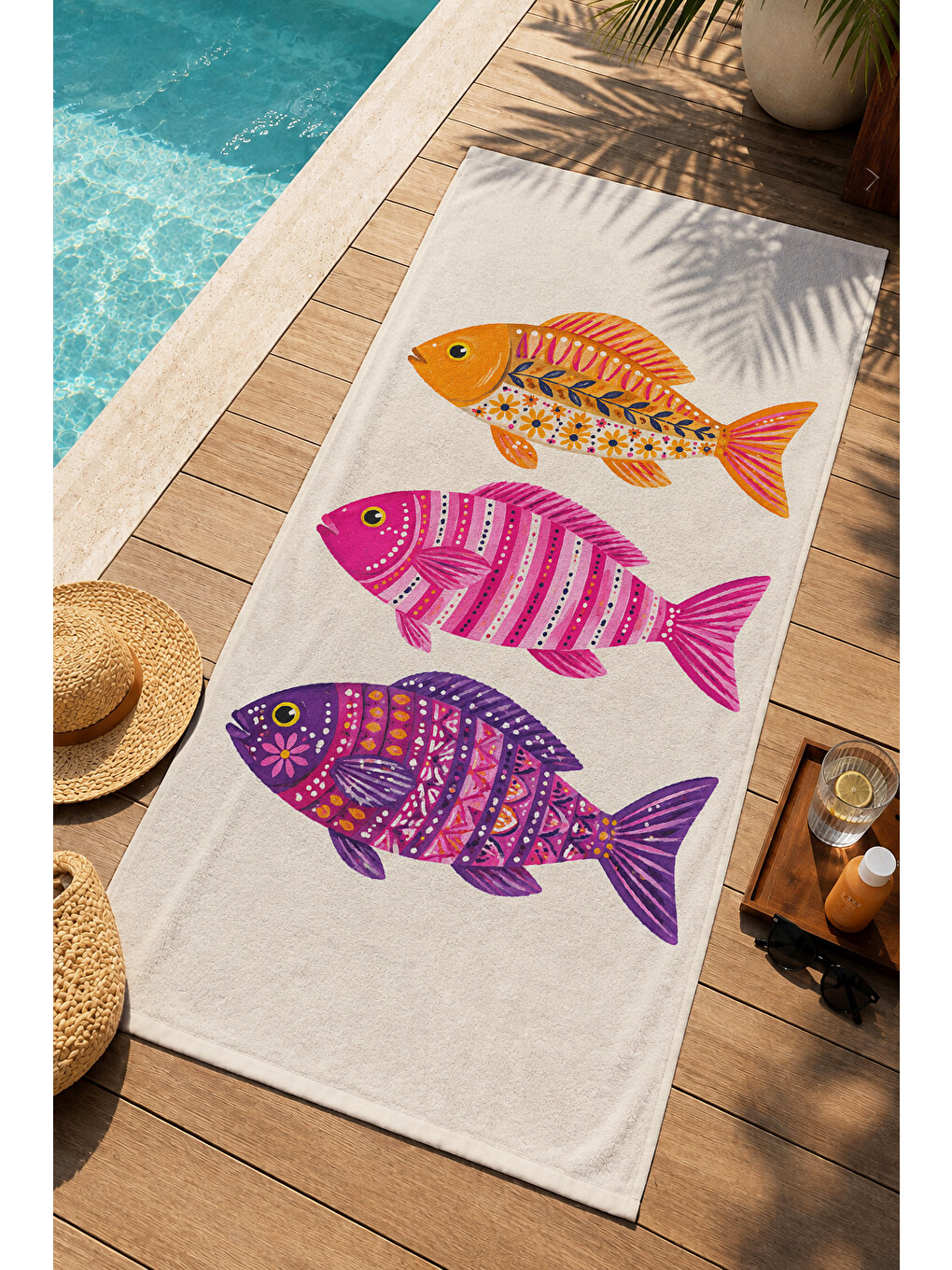 Mavi Retro Renkli Balık İllüstrasyonlu Desenli 70x150 Plaj Havlusu - Dijital Baskılı Solmaz Banyo Havlusu-1