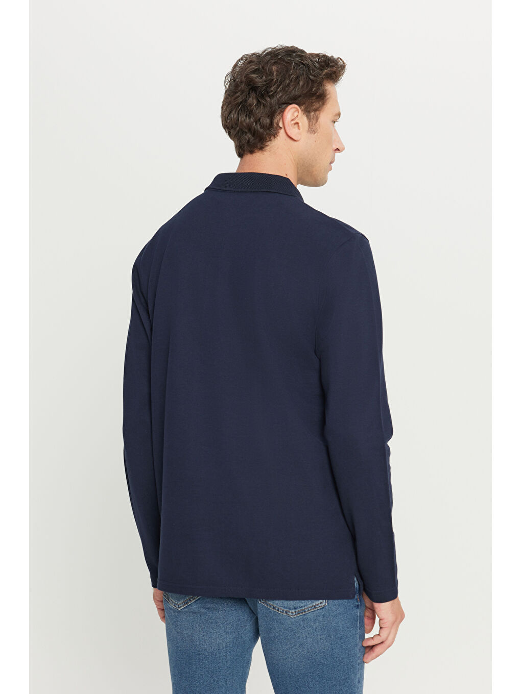 Erkek Lacivert %100 Pamuk Standart Fit Normal Kesim Polo Yaka Sweatshirt-4