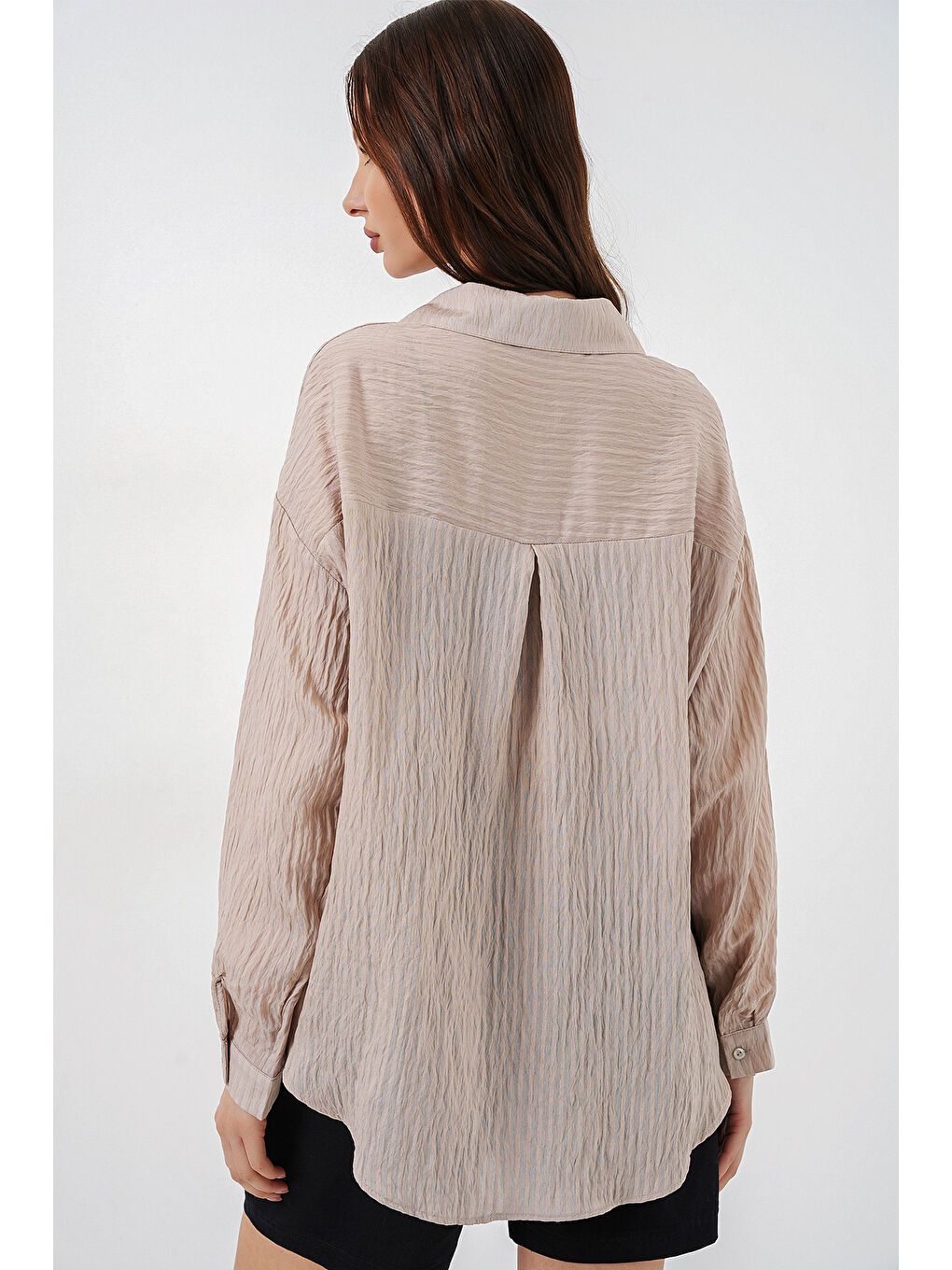 Kadın Uzun Oversize Gömlek 20320 - Bej-5