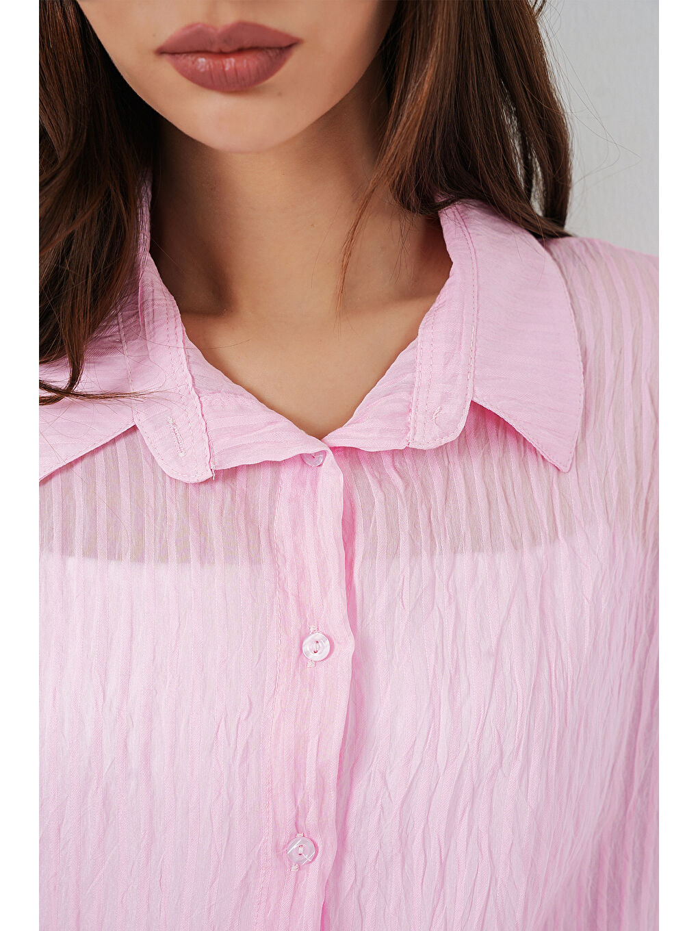 Pembe Kadın Uzun Oversize Gömlek 20320 - Pudra-3