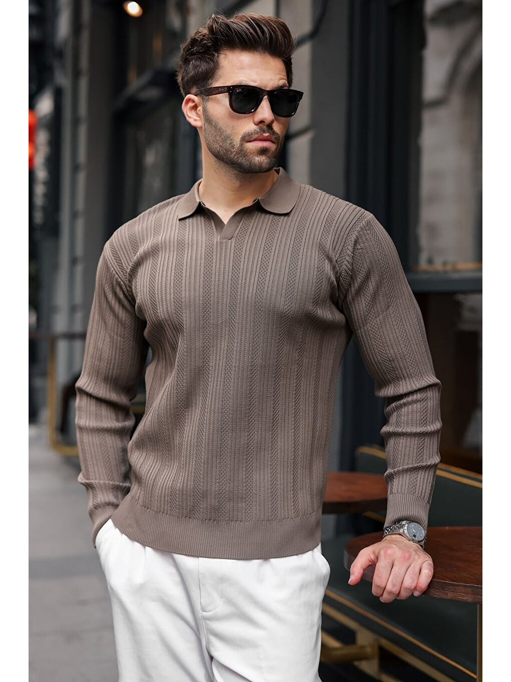 Kahverengi Açık Kahve Polo Yaka Desenli Over Fit Erkek Triko Kazak E7517