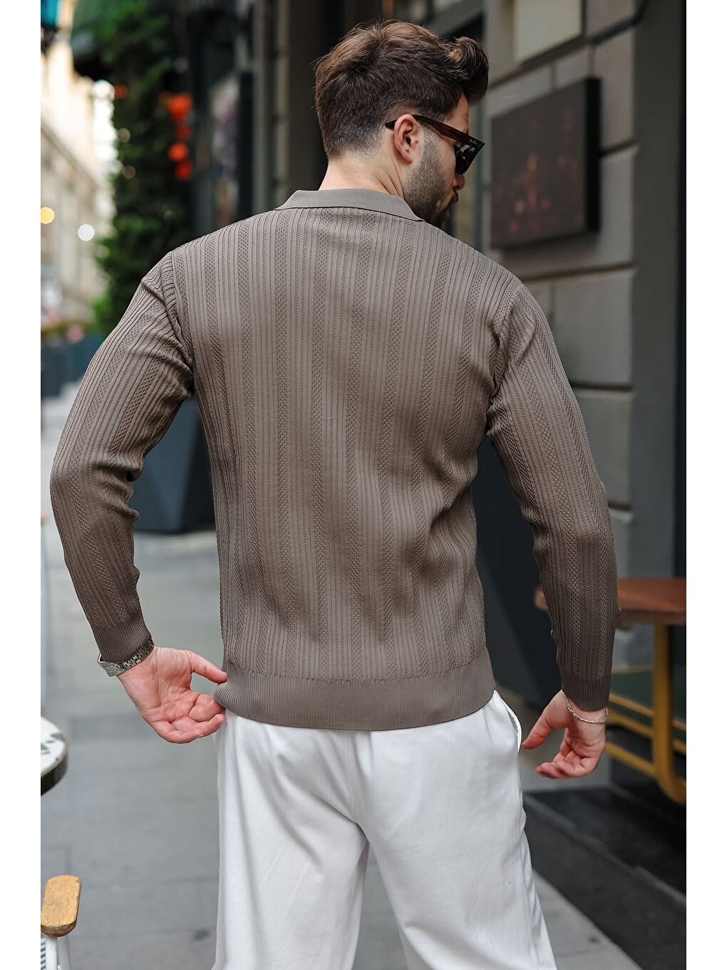 Kahverengi Açık Kahve Polo Yaka Desenli Over Fit Erkek Triko Kazak E7517-1