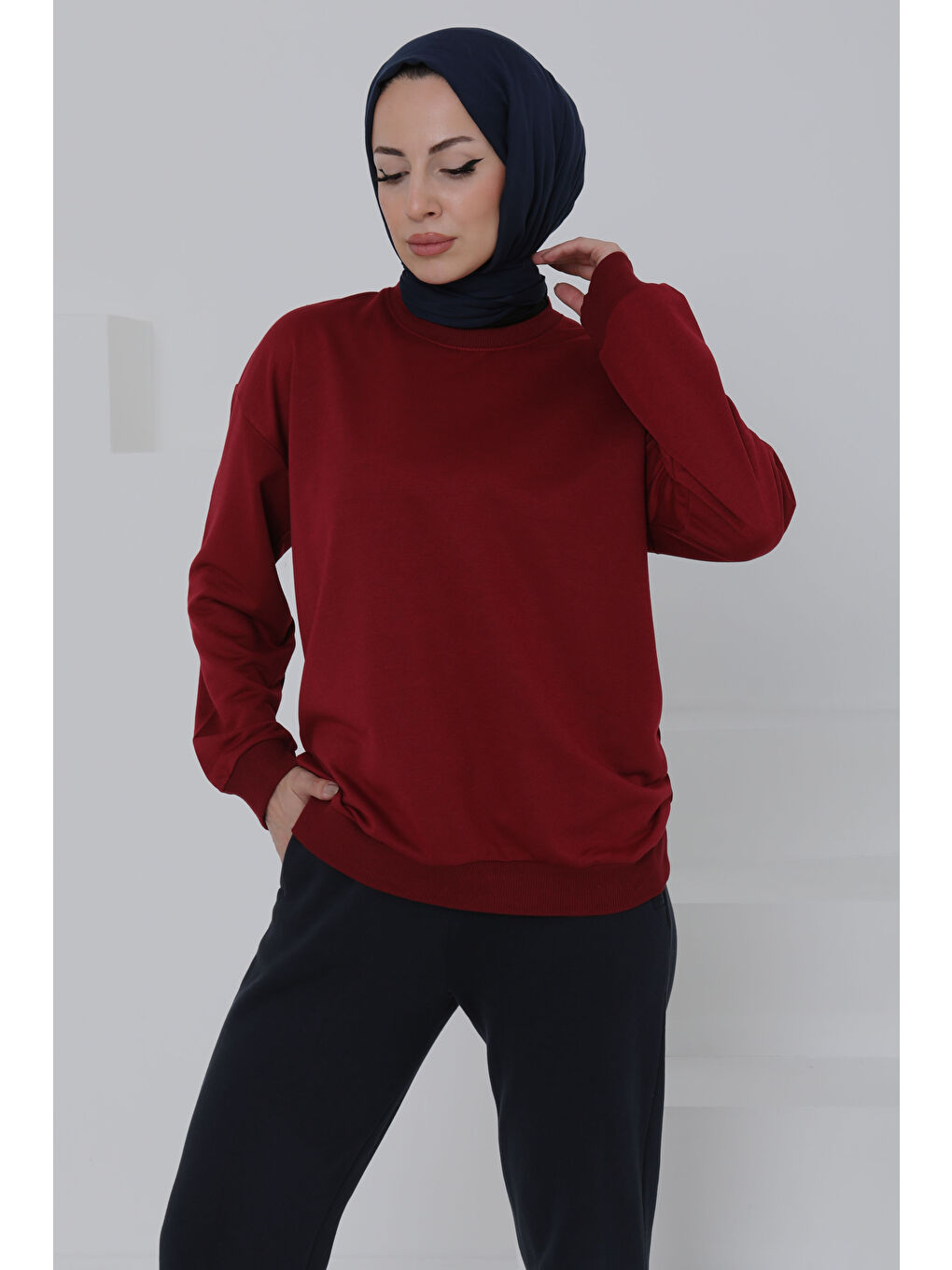 Kadın Bisiklet Yaka Oversize Sweatshirt Bordo - 26567