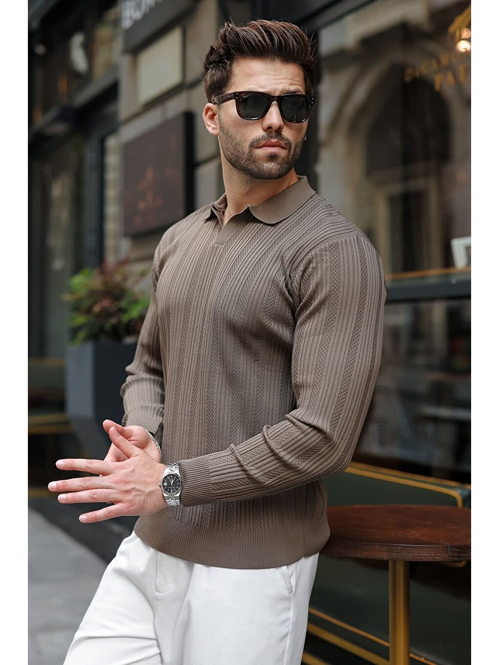 Kahverengi Açık Kahve Polo Yaka Desenli Over Fit Erkek Triko Kazak E7517-3