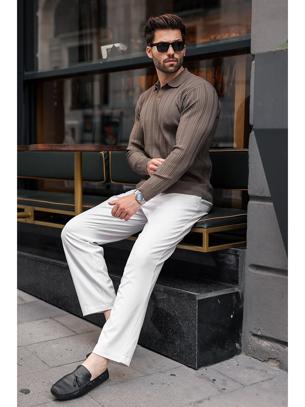 Kahverengi Açık Kahve Polo Yaka Desenli Over Fit Erkek Triko Kazak E7517-4