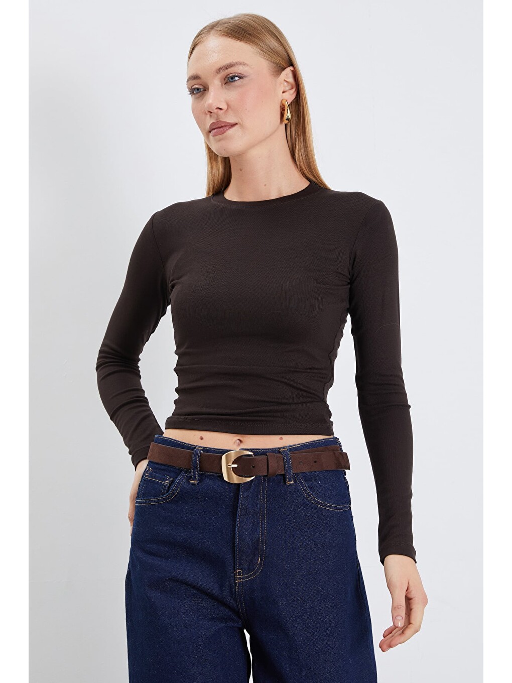 Kahverengi Basic Bisiklet Yaka Slim Fit Crop Bluz-3