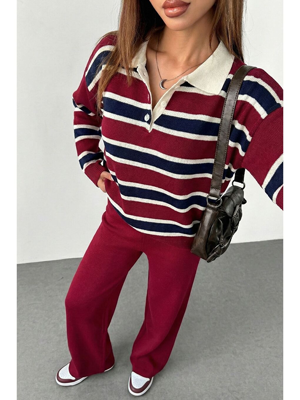 Bordo Kadın Çizgi Desenli Kazak Pantolon Triko İkili Takım-1