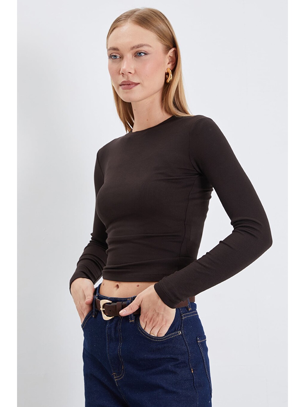 Kahverengi Basic Bisiklet Yaka Slim Fit Crop Bluz-4