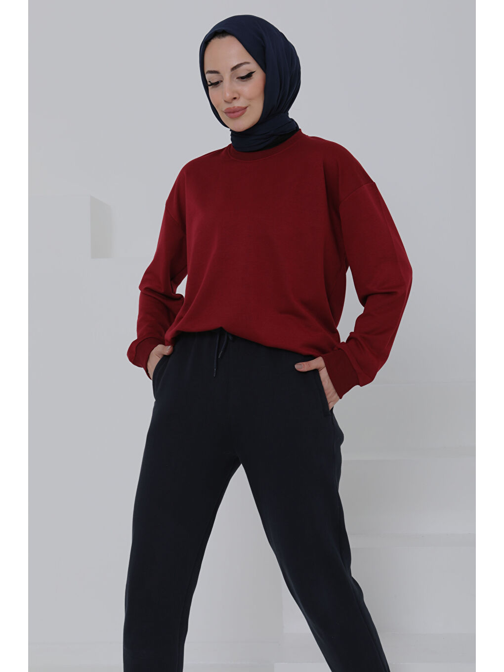 Kadın Bisiklet Yaka Oversize Sweatshirt Bordo - 26567-1