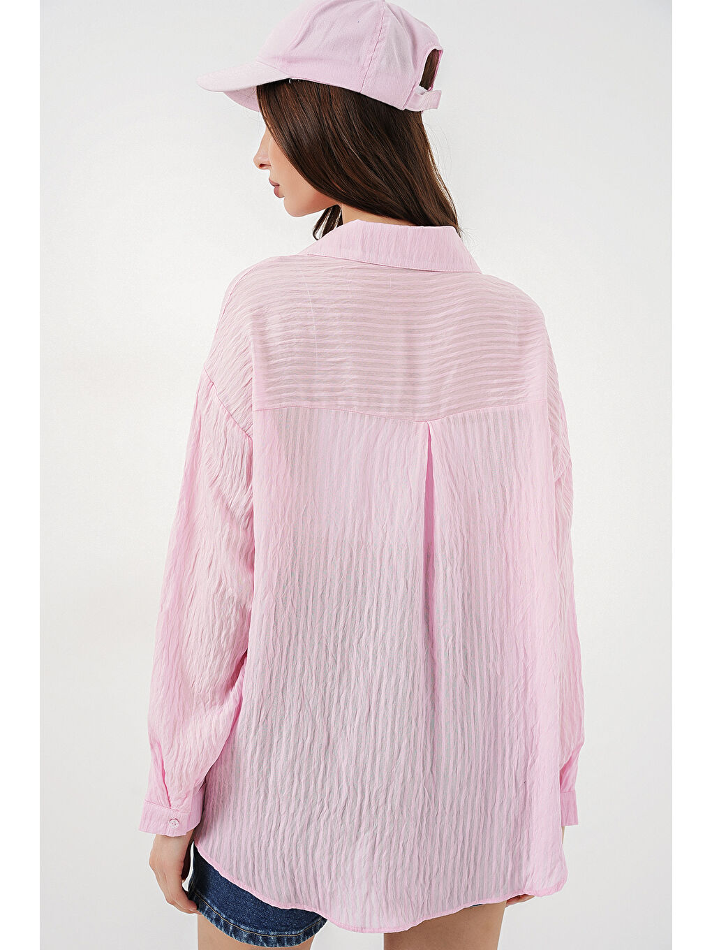 Pembe Kadın Uzun Oversize Gömlek 20320 - Pudra-4