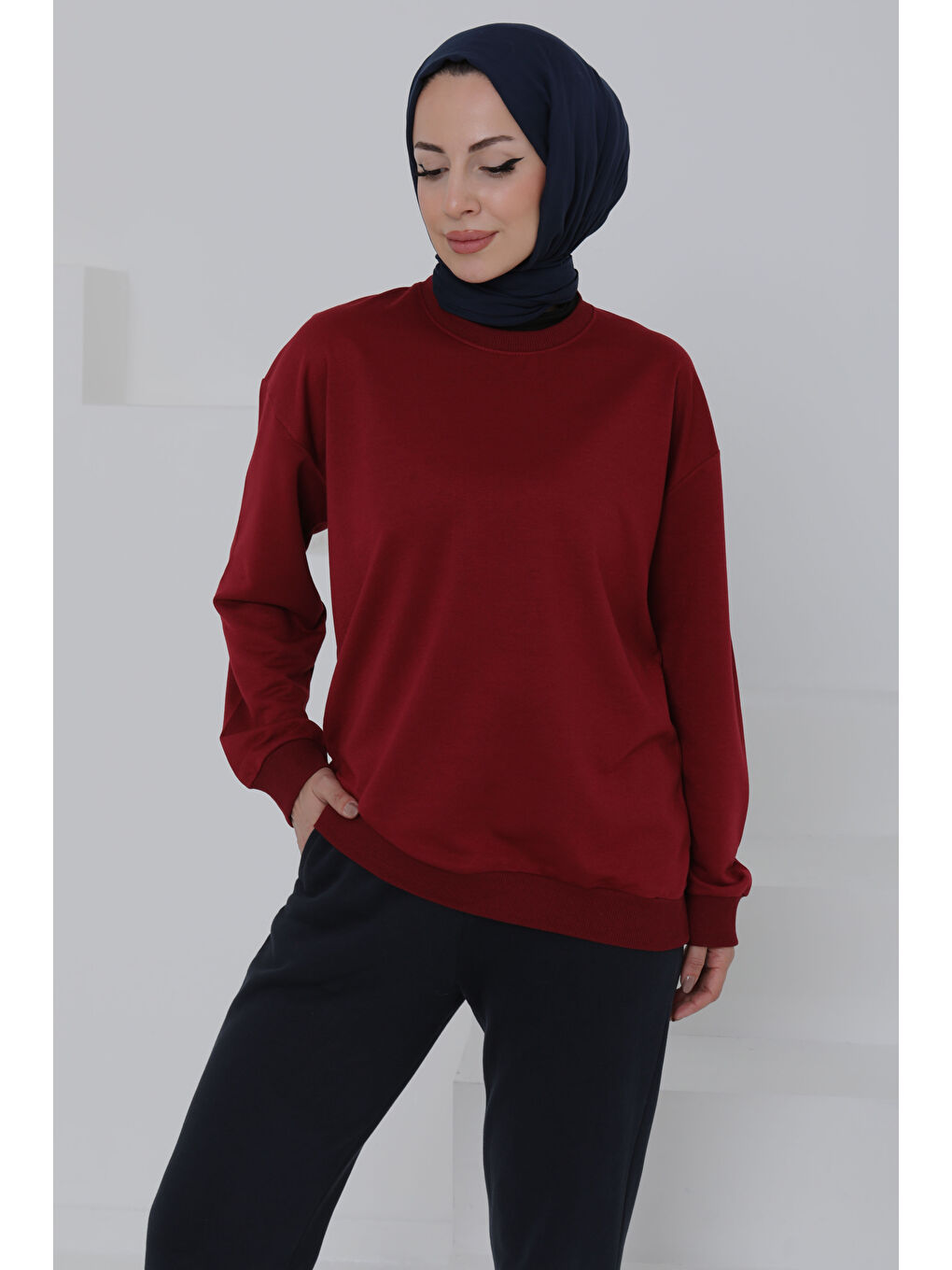 Kadın Bisiklet Yaka Oversize Sweatshirt Bordo - 26567-2