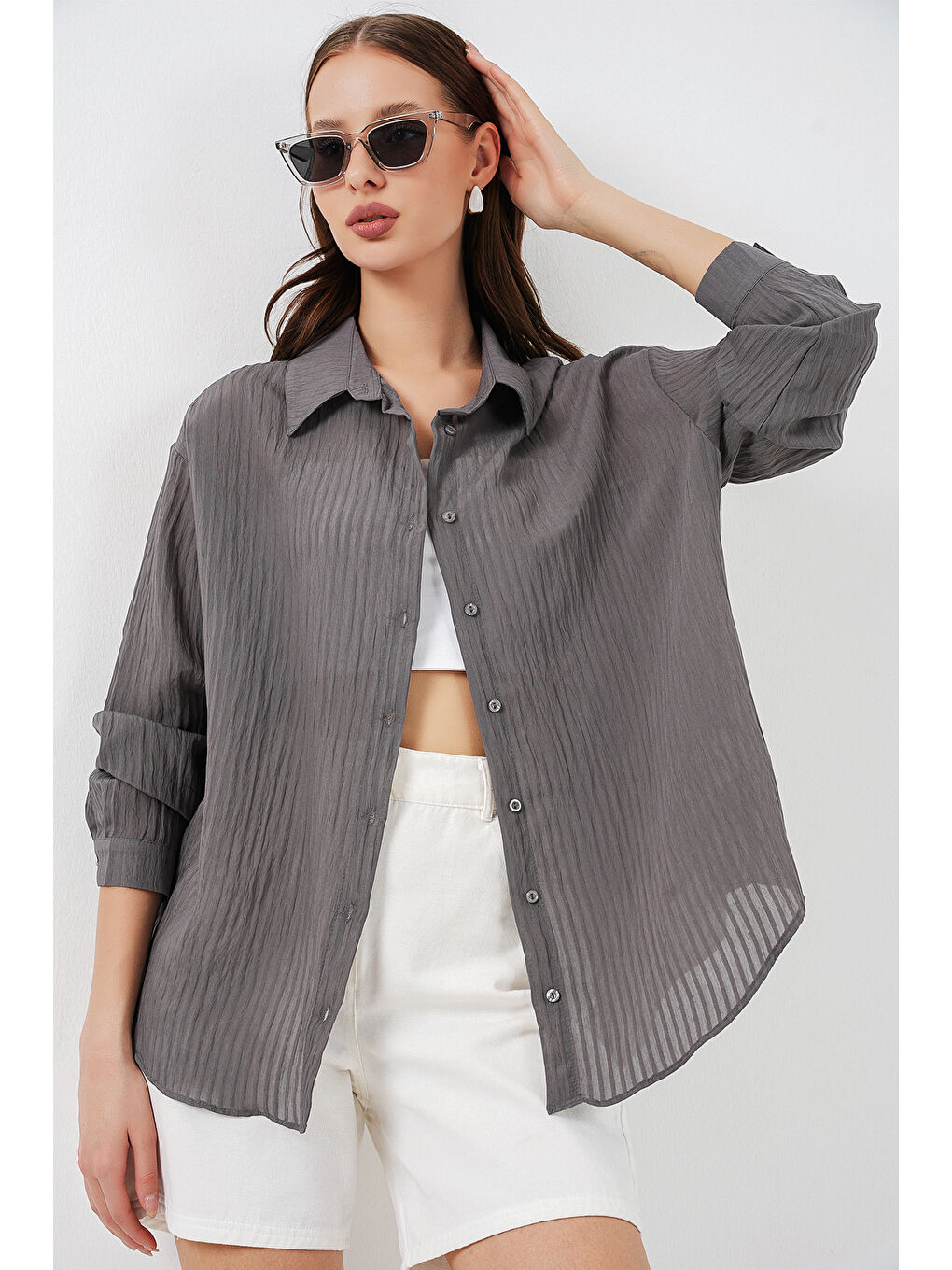 Kadın Uzun Oversize Gömlek 20320 - Antrasit