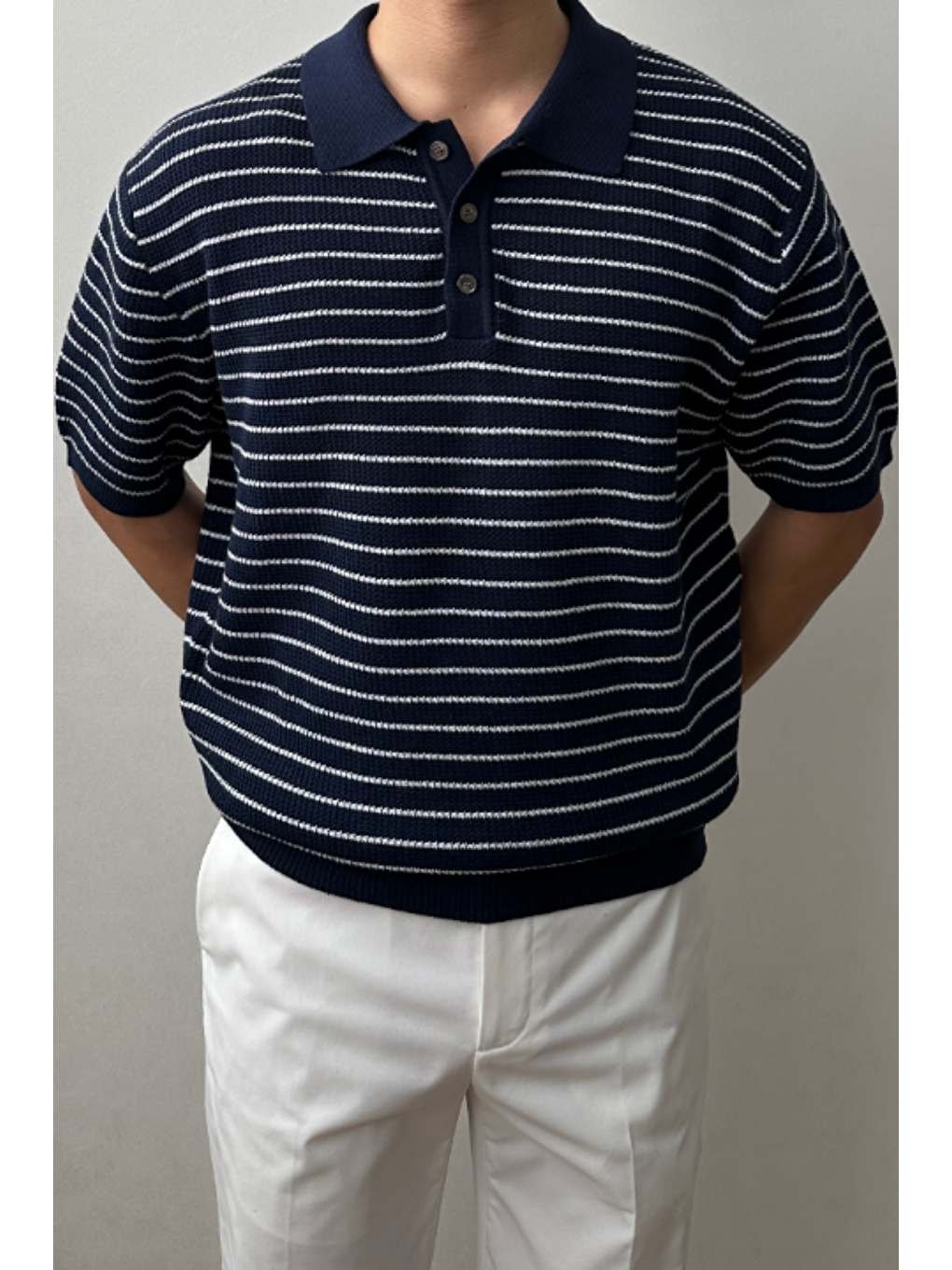 Erkek Lacivert Çizgili Düğmeli Regular Fit Triko T-Shirt