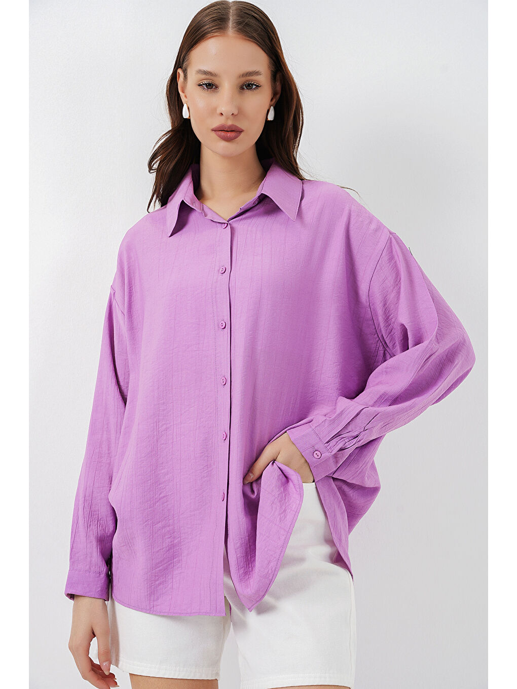 Kadın Uzun Oversize Gömlek 20334 - Lila