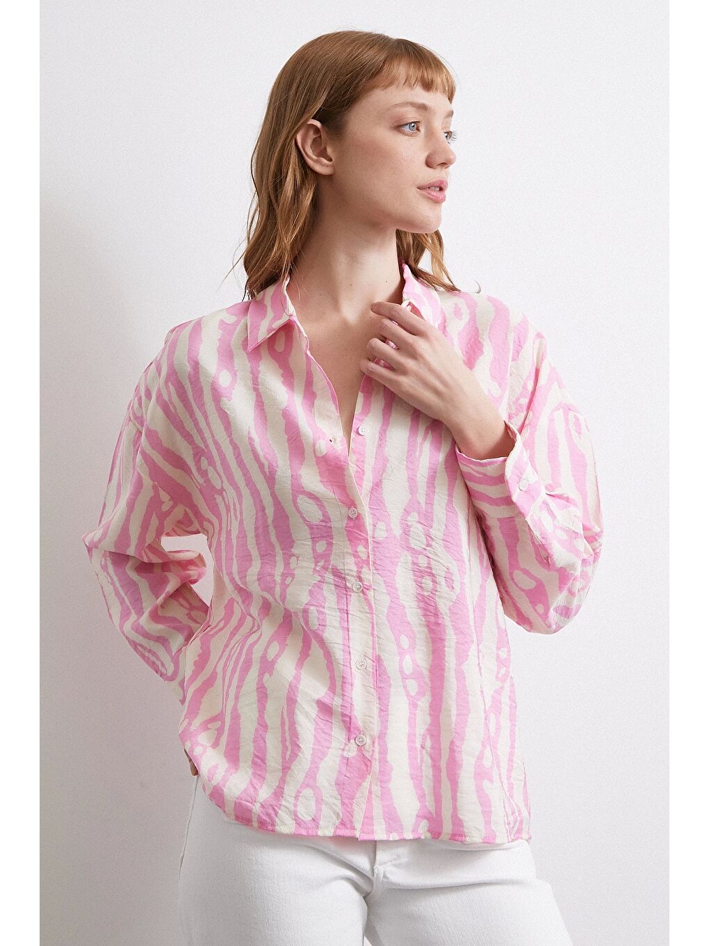 Zebra Desen Modal Gömlek Pembe