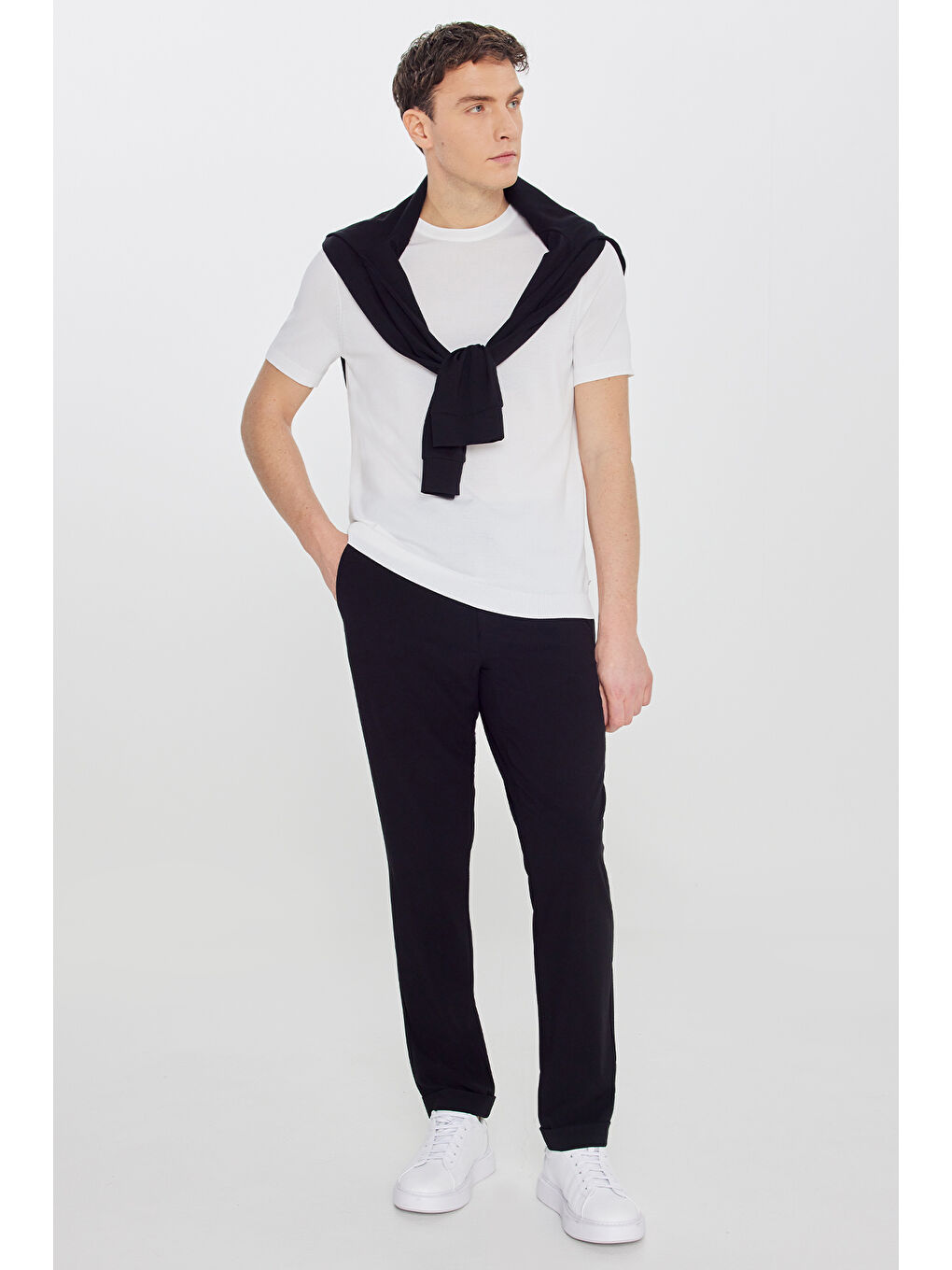 Erkek Ekru Standart Fit Normal Kesim Bisiklet Yaka Triko Tişört-1