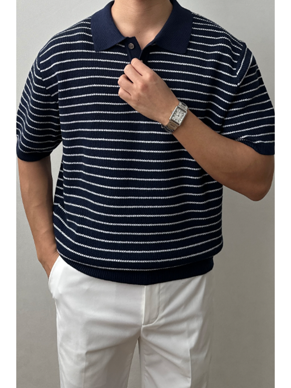 Erkek Lacivert Çizgili Düğmeli Regular Fit Triko T-Shirt-1