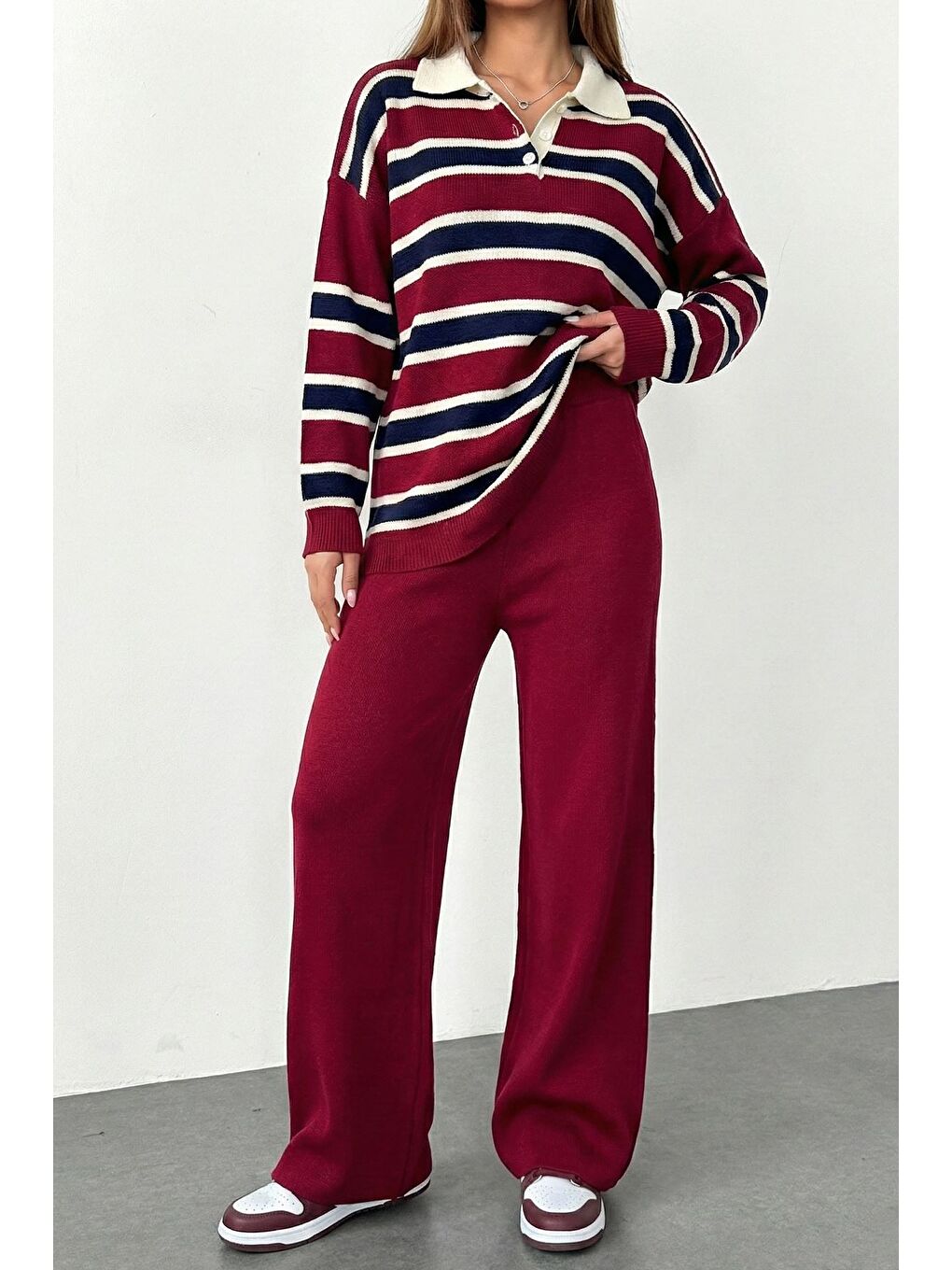 Bordo Kadın Çizgi Desenli Kazak Pantolon Triko İkili Takım-2