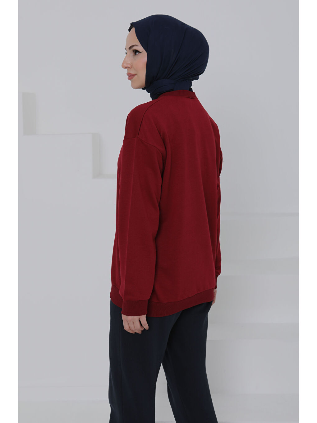 Kadın Bisiklet Yaka Oversize Sweatshirt Bordo - 26567-6