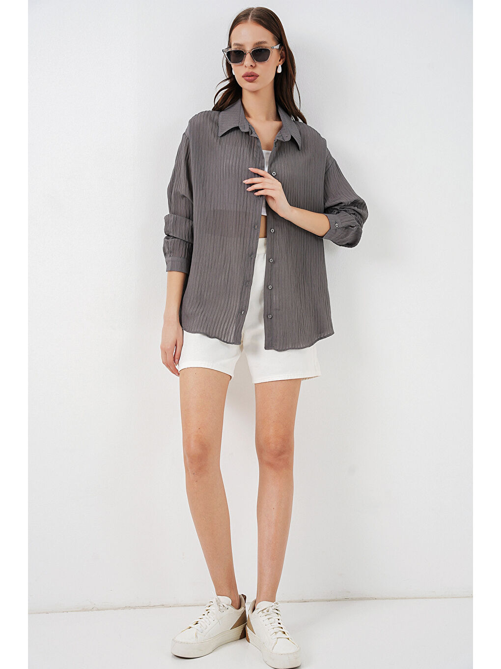 Kadın Uzun Oversize Gömlek 20320 - Antrasit-1