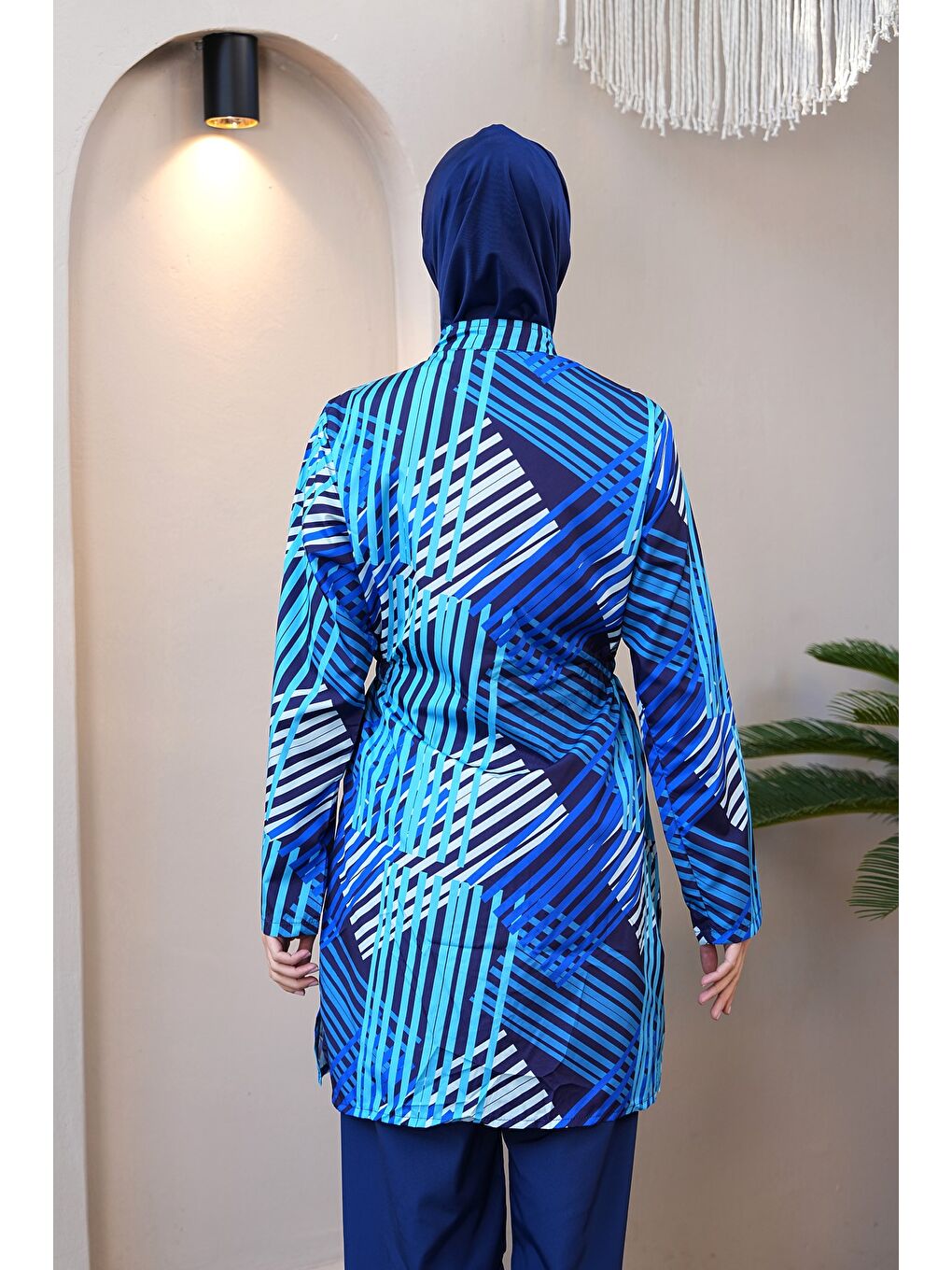 Lacivert Paraşüt Kumaş Boydan Fermuarlı Tam Kapalı Tesettür Mayo 3813-4