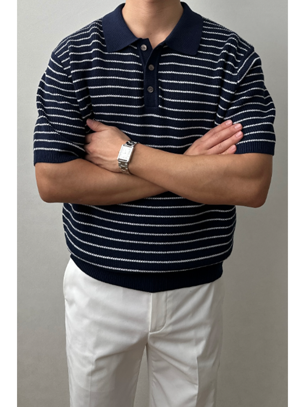 Erkek Lacivert Çizgili Düğmeli Regular Fit Triko T-Shirt-2