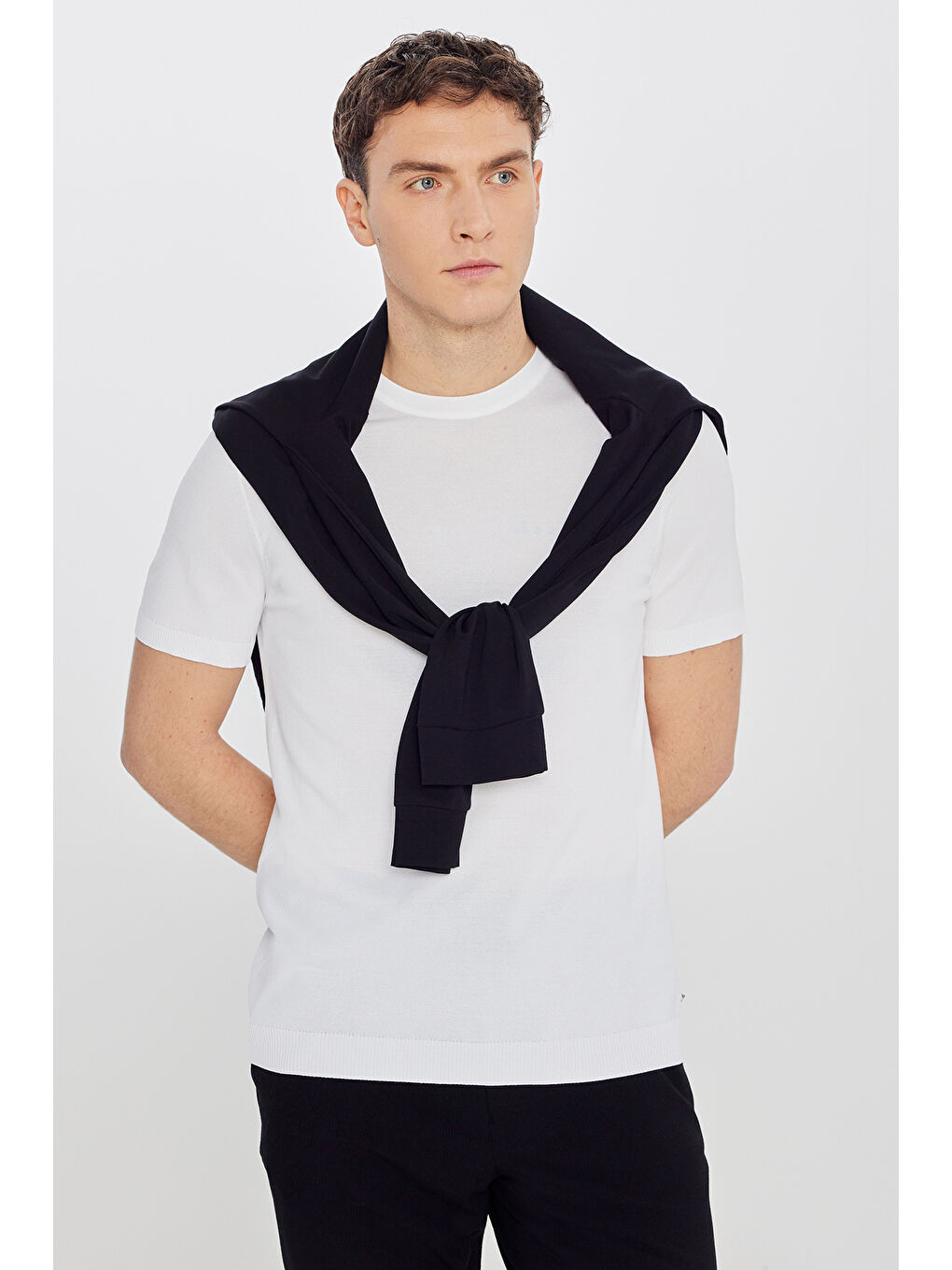 Erkek Ekru Standart Fit Normal Kesim Bisiklet Yaka Triko Tişört-2