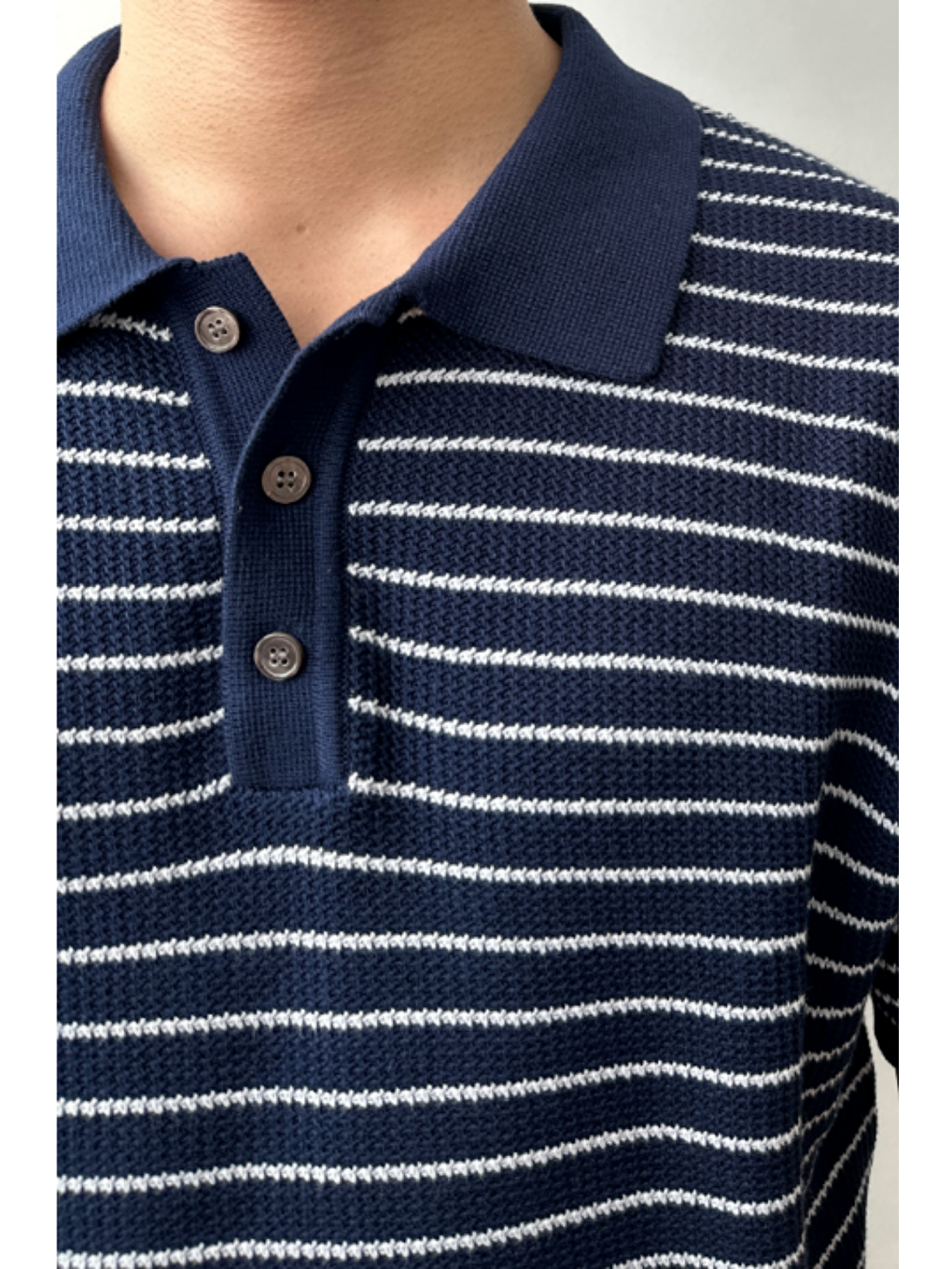 Erkek Lacivert Çizgili Düğmeli Regular Fit Triko T-Shirt-3