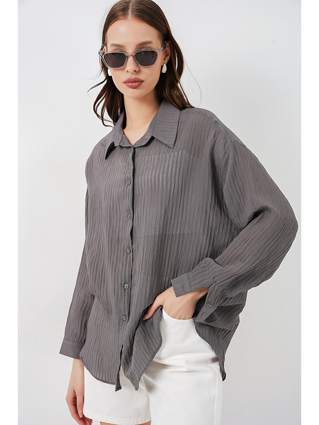 Kadın Uzun Oversize Gömlek 20320 - Antrasit-2