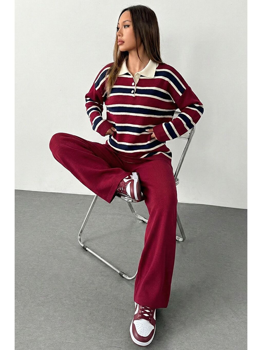 Bordo Kadın Çizgi Desenli Kazak Pantolon Triko İkili Takım-3
