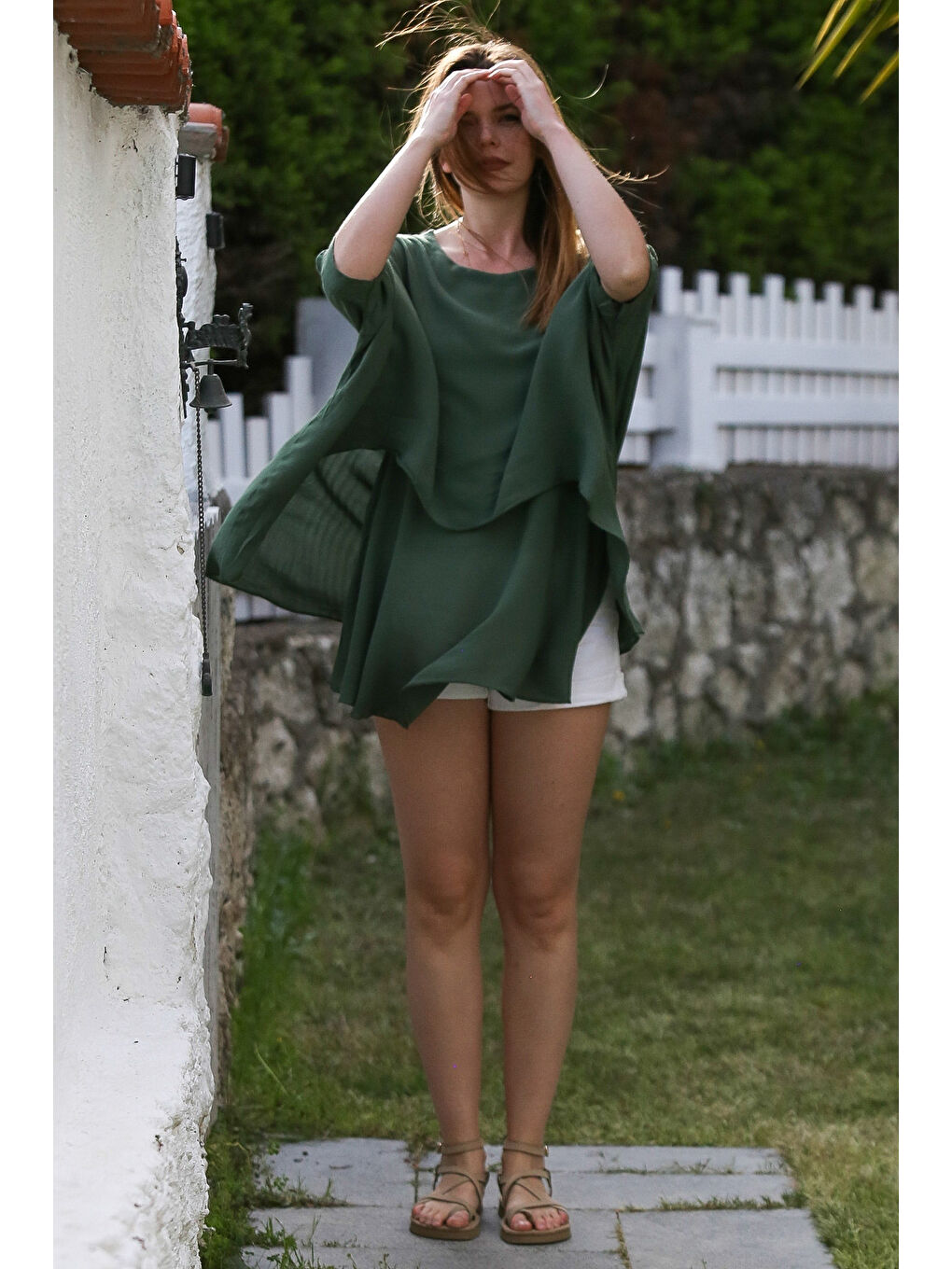Chiccy Koyu Yeşil Havuz Yaka Yarasa Kol İnce Astarlı Çift Katlı Casual Oversize Dokuma Bluz 75 85 - 1