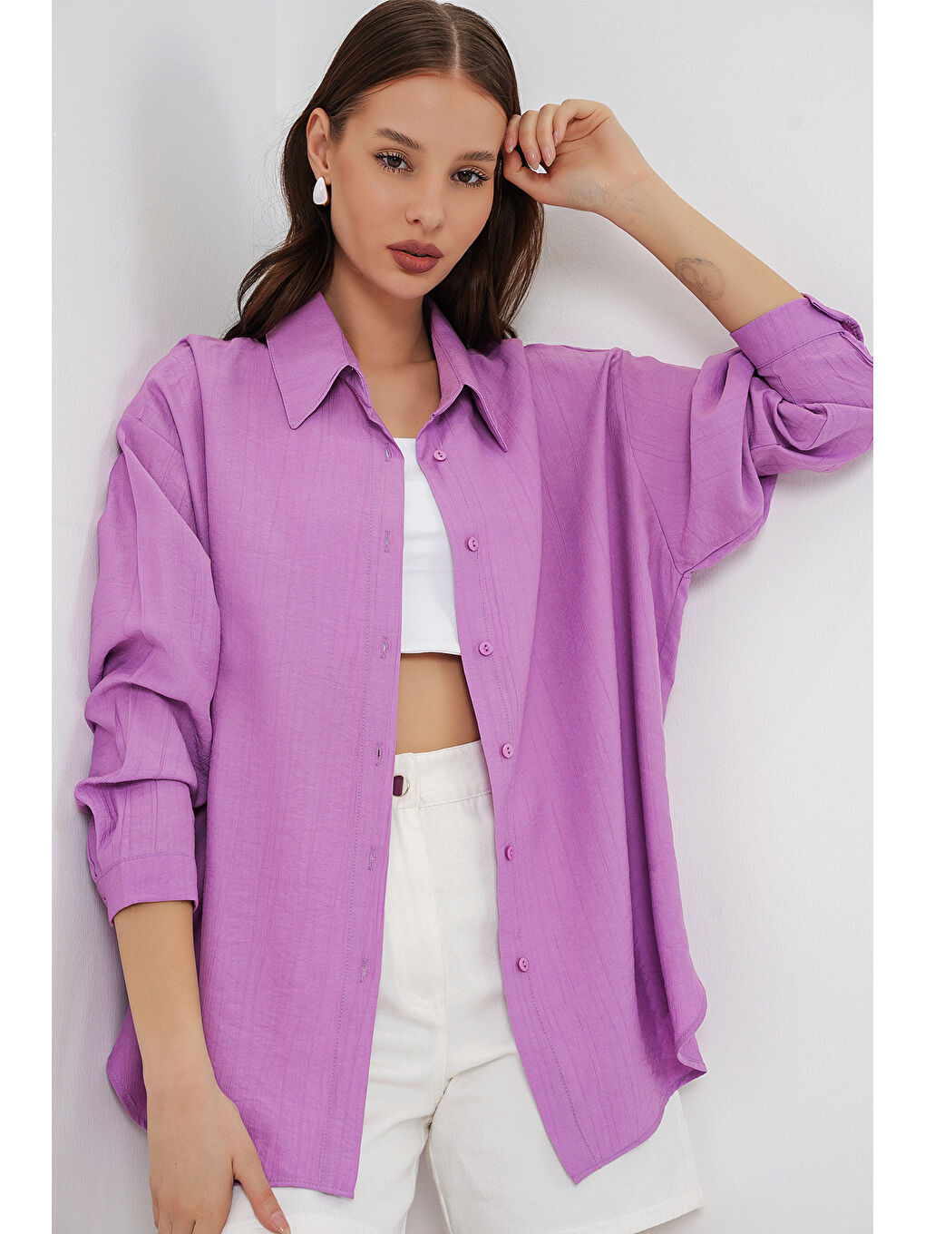 Kadın Uzun Oversize Gömlek 20334 - Lila-1