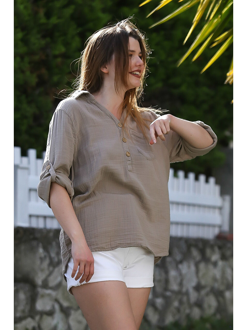 Kahverengi Açık Kahve Gömlek Yaka Düğmeli Uzun Kollu Cepli Casual Müslin Arkası Uzun Dokuma Bluz 70 66-1